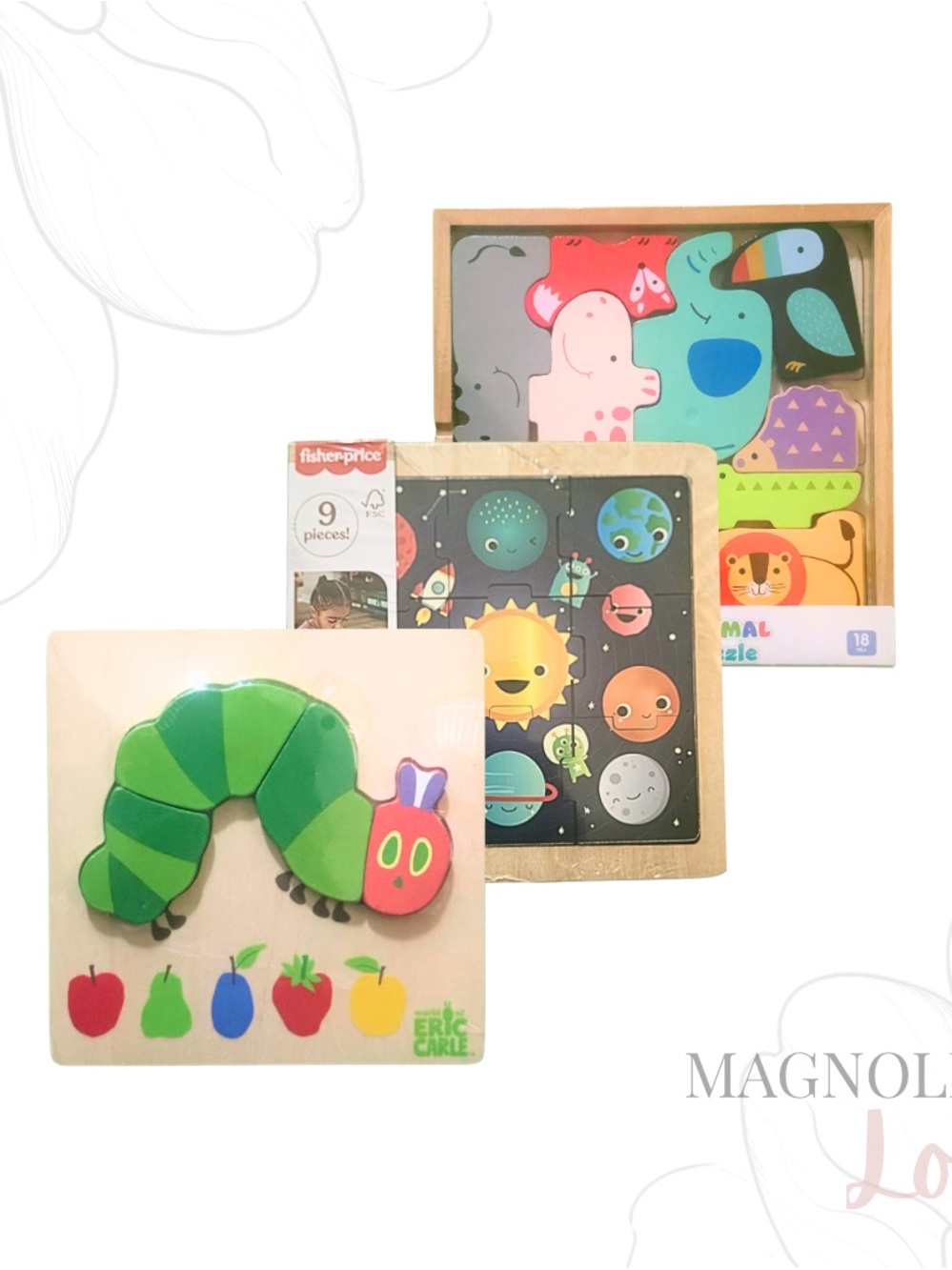 🐛 Wooden First Puzzle Set Baby Toddler Colorful Puzzle Bundle Zoo Space NIP